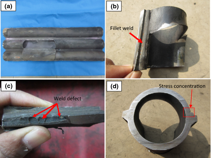 Failed boiler tube samples showing fillet weld, weld defect and stress concentration