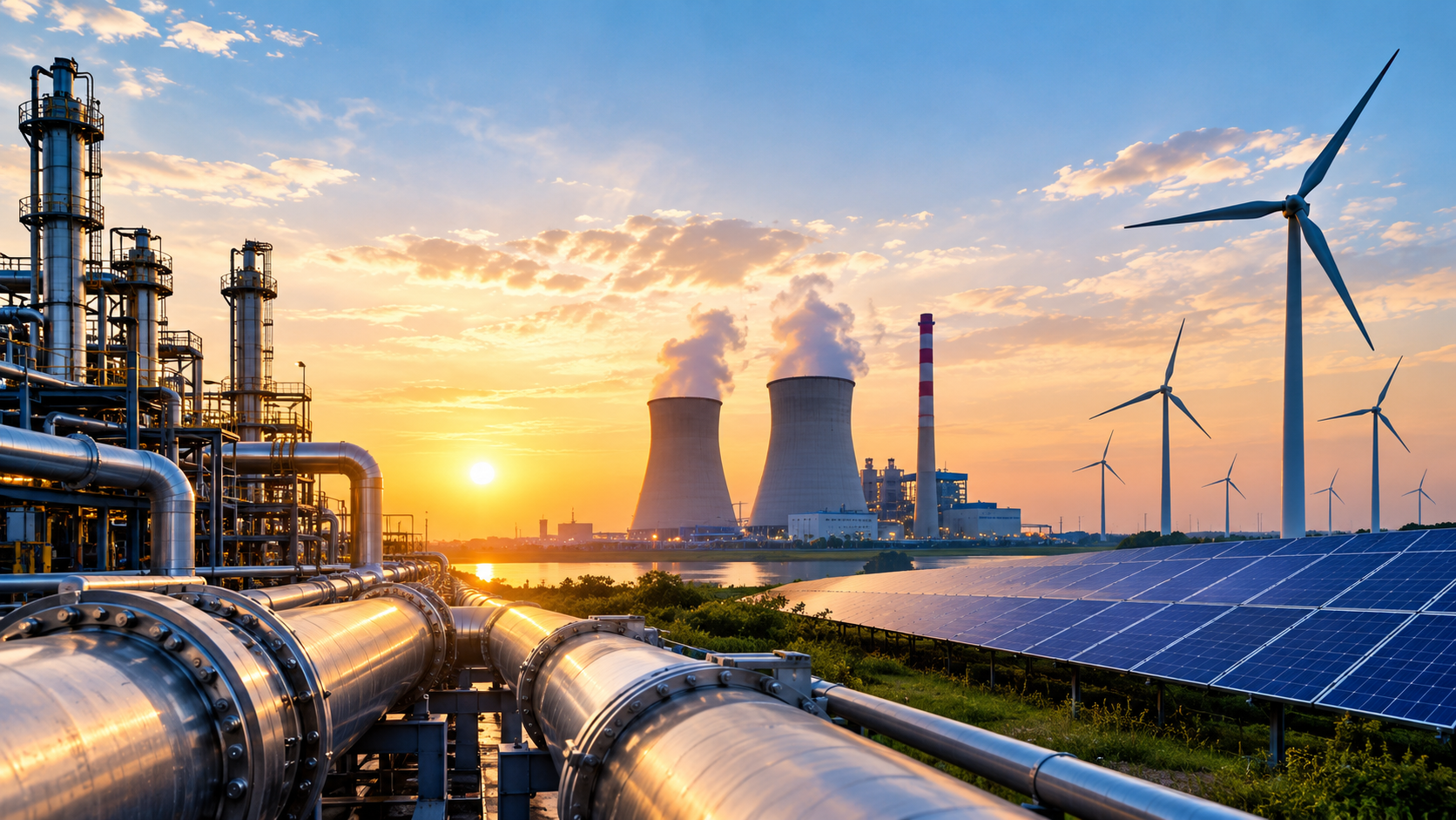 Energy infrastructure: refinery pipelines, power plant, wind turbines and solar panels at sunset