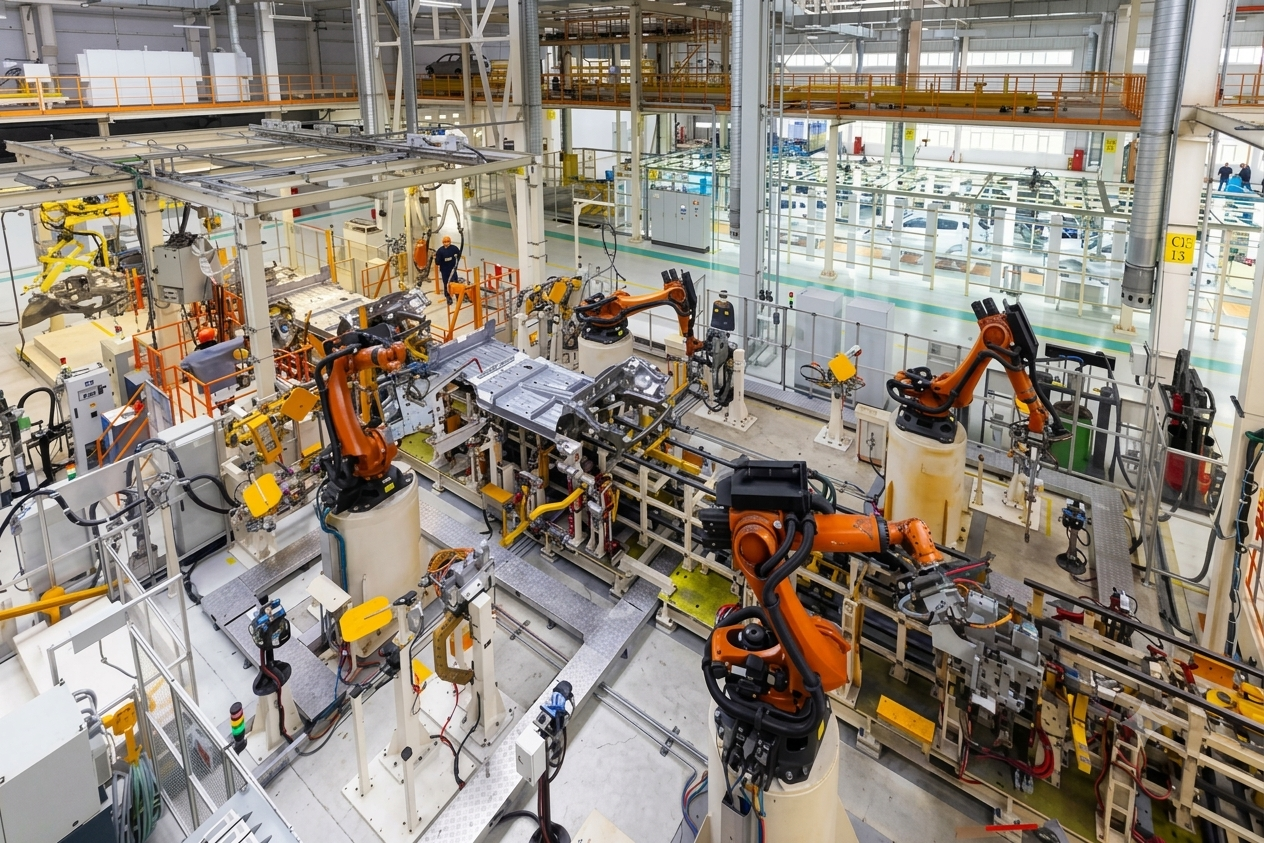 Automated manufacturing line with industrial welding robots