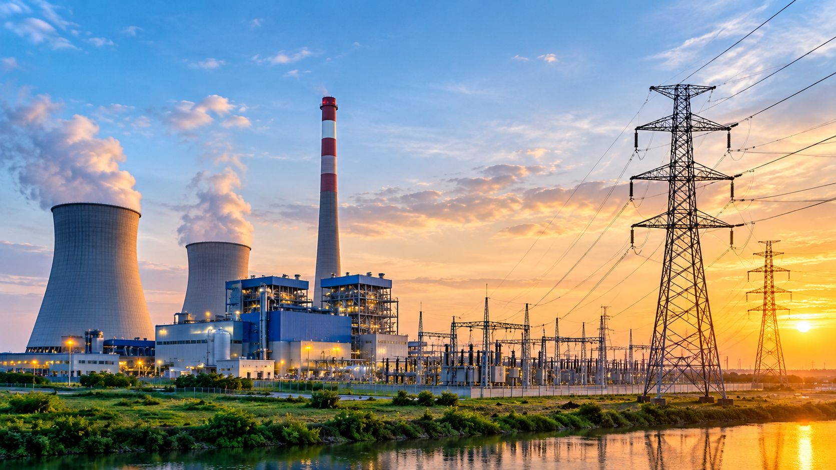 Power plant with cooling towers, substation and transmission towers at sunset