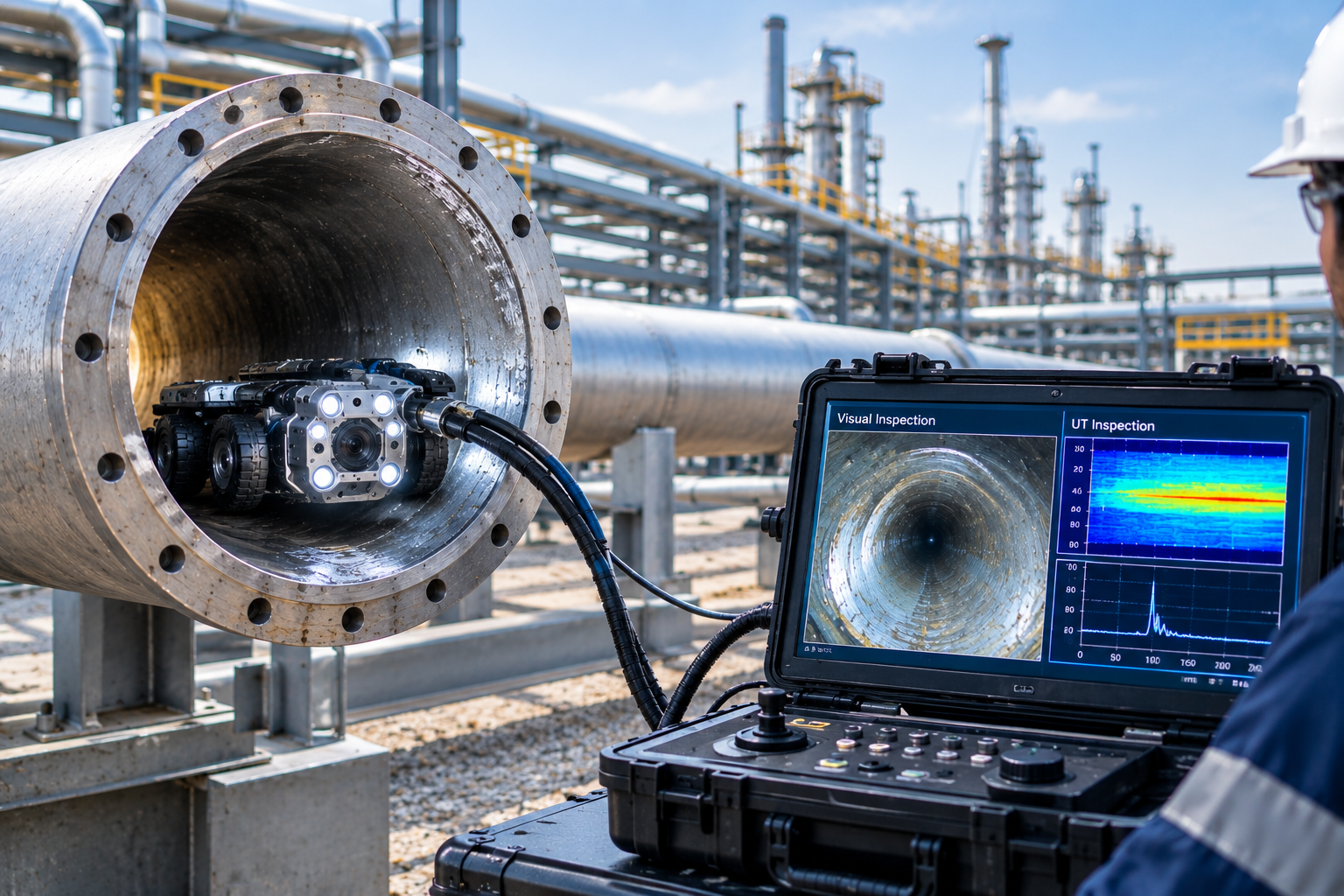 Robotic crawler with visual and UT inspection inside a pipeline