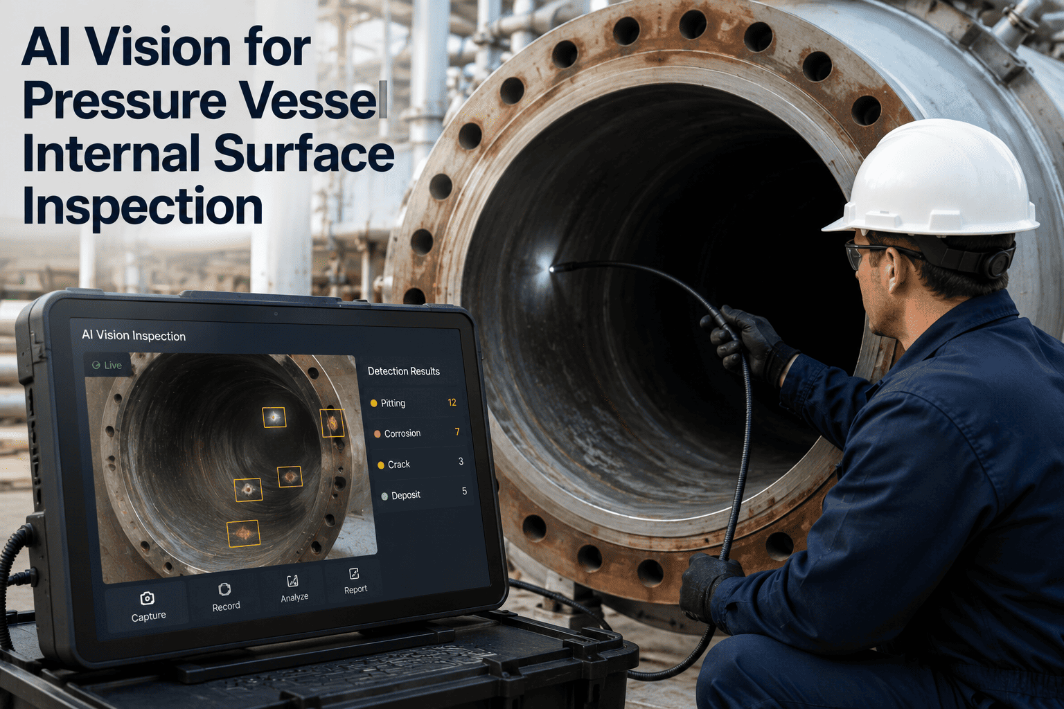 Robotic pressure vessel internal surface inspection with AI vision
